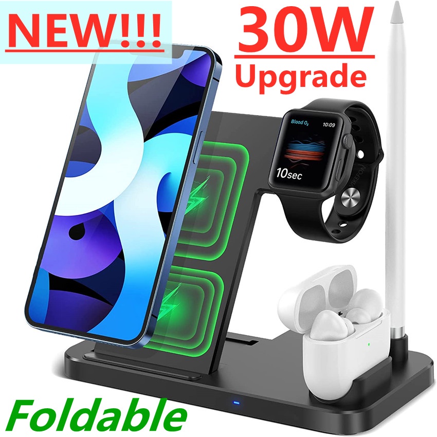 4 in 1 30W Fast Wireless Charger Qi Charging Dock Station For iPhone 13 12 11 Pro XS MAX 8 Apple Watch 7 6 SE Pencil Air