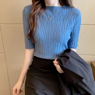 เสื้อสเวตเตอร์สไตล์ตะวันตกสําหรับผู้หญิงฤดูใบไม้ร่วงพร้อมคอปกสูงครึ่งตัวและแขนกลาง