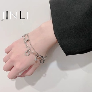 Jinli เครื่องประดับแฟชั่นสตรีสร้อยข้อมือโซ่เงินลูกปัดดอกไม้ดับเบิล