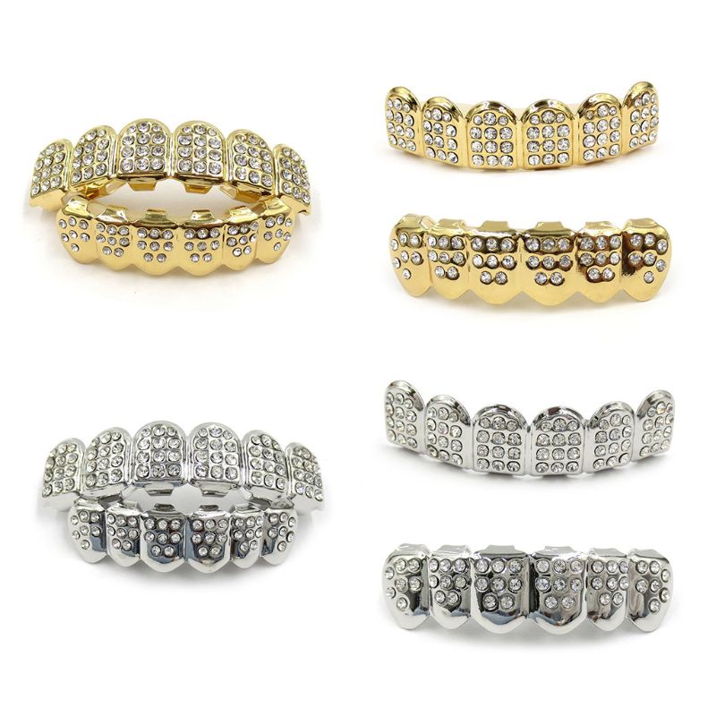 ONERI อินเทรนด์ทอง/เงินชุบ Rapper เงา Cool Bling เพชรด้านบนและด้านล่างฟัน Braces ปากหมวกฟัน Grillz B