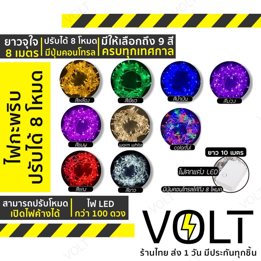 ⚡️มอก. Voltt ไฟประดับ led ไฟตกแต่ง ไฟกระพริบ/ไม่กระพริบ เลือกโหมดได้ ปรับได้ 8 จังหวะ แบบเสียบปลั๊ก
