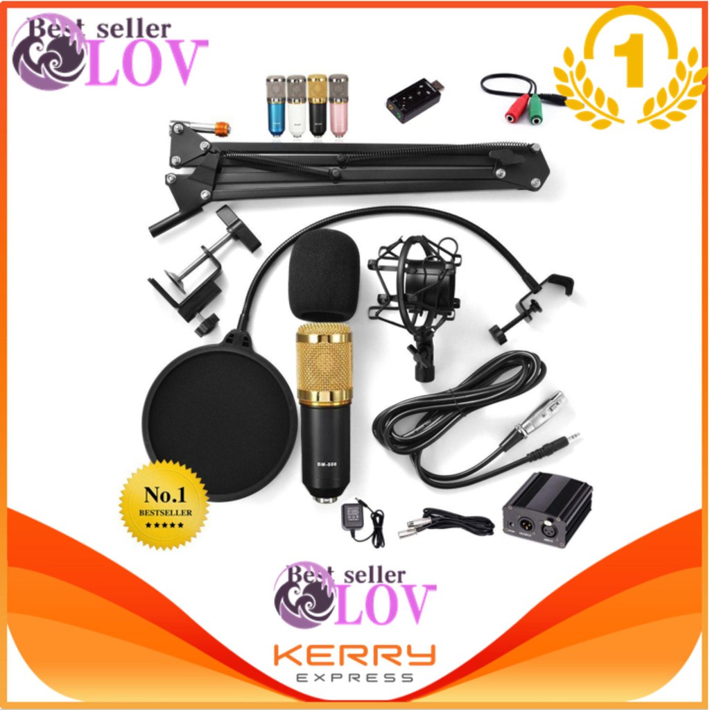 LOV ไมค์ bm800 Condensor Microphone ไมค์โครโฟนอัดเสียง SET+7.1Sound Card USB+Phantom 48V+ ครบชุด แท้