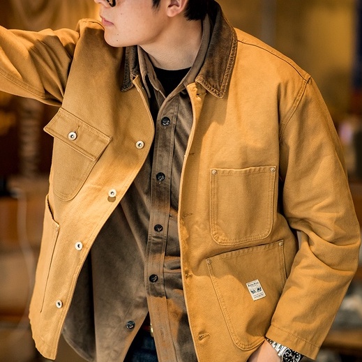 แจ็คเก็ตผ้าใบมิชิแกนหลายกระเป๋า สไตล์ Kaki Lapel Thin Coat สำหรับผู้ชาย