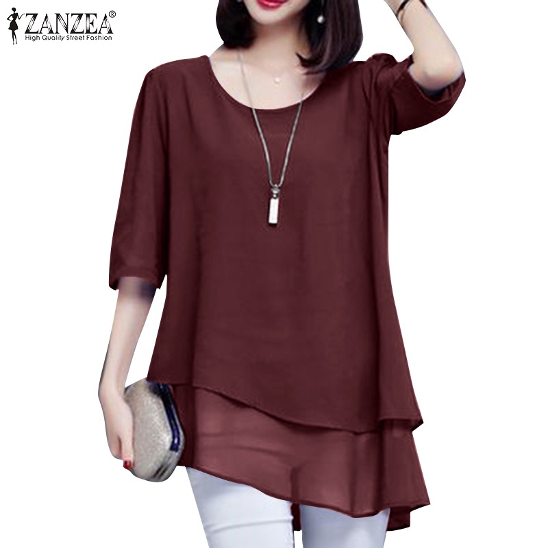 Zanzea เสื้อเบลาส์ลําลอง แขนสามส่วน สองชั้น ทรงไม่สมมาตร สําหรับผู้หญิง
