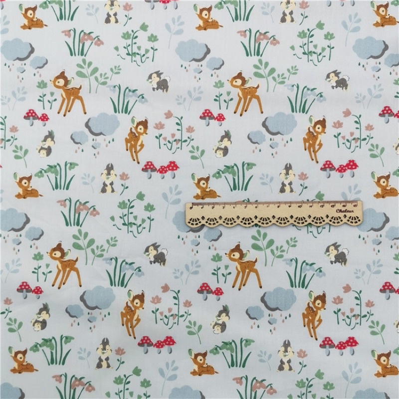 ผ้าคอตตอน 100% ทอทวิล หน้ากว้าง1.6 เมตร ตัดขายเป็นเมตร พิมพ์ลายเห็ด ลายกระต่าย หมี กวาง