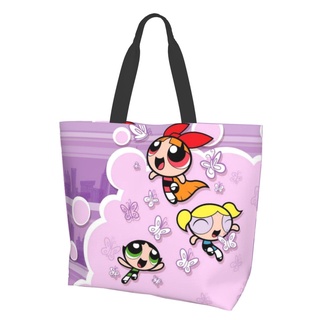 【In Stock】The Powerpuff Girls กระเป๋าช้อปปิ้งไหล่เดียว, กระเป๋าเก็บของแบบพกพา， กระเป๋าสะพายโพลีเอสเตอร์ทุกวัน