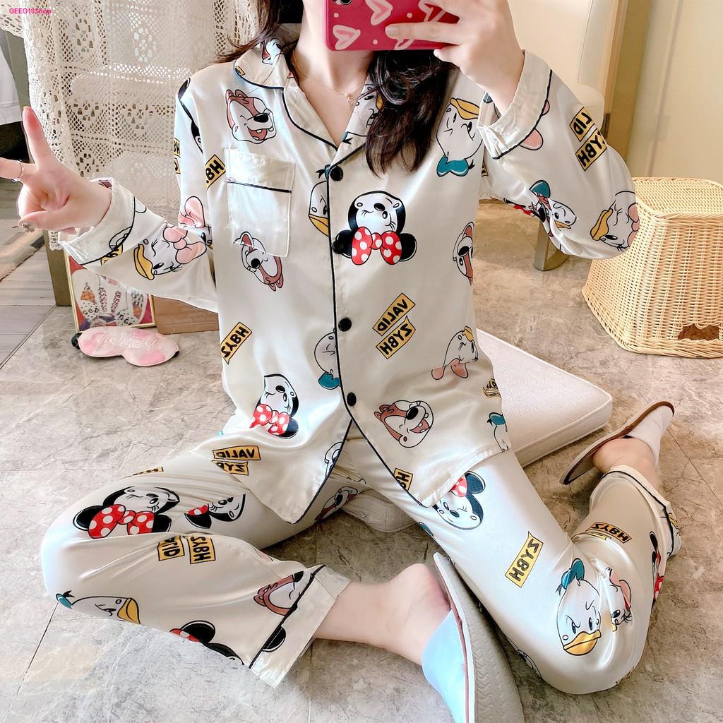 [พร้อมส่ง] ชุดนอนซาติน ชุดนอนแฟชั่น ชุดนอนแขนยาวขายาว ผ้าซาติน พิมพ์ลาย ...