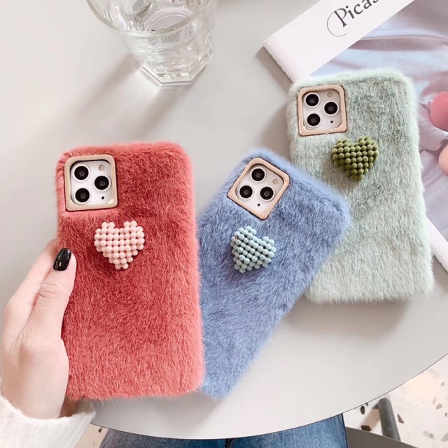 เคสไอโฟนTPUแต่งขนเฟอร์นุ่มนิ่ม ด้านหลังมีหัวใจ