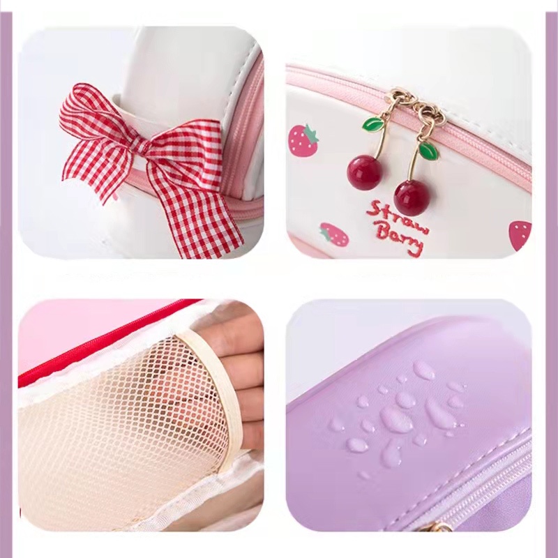 กระเป๋าดินสอ หนัง PU ขนาดใหญ่ จุของได้เยอะ แบบพกพา ลายสตรอเบอร์รี่ เชอร์รี่ เหมาะกับสํานักงาน และโรงเรียน สําหรับนักเรียน