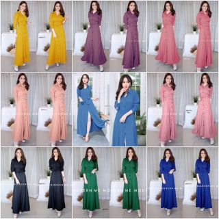 MF4667🍓Maxi Dress แม็กซี่เดรสเชิ้ตแขนยาว สีพื้น งานเชิ้ตแต่งคอปกกระดุมช่วงหน้ายาว เอวด้านหลังสม็อคยางยืด