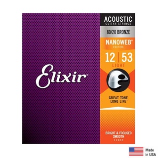 Elixir® Nanoweb 11052 สายกีตาร์โปร่ง เบอร์ 12 แบบ 80/20 Bronze สายเคลือบ ของแท้ 100% (Light, .012 - .053) ** Made in USA