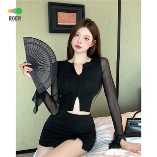 Perspective mesh long-sleeved stitching Slim retro top V-neck short T-shirt womens split pullover niche summer interior