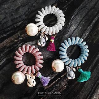 Luxury Cute Tassel Rabbit and Pearl Hair Ties : ยางรัดผม เกาหลี แต่ง มุก พู่ ไหมพรม และ กระต่าย