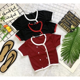 Lalata Vintage เสื้อผู้หญิง เสื้อครอป เสื้อเอวลอย ทรงคอจีน แต่งกระดุม 6เม็ด ผ้าคอตตอน มีหลายสี