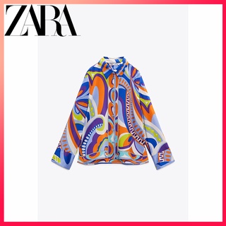 Zara ใหม่ เสื้อเชิ้ต แขนยาว คอปก พิมพ์ลาย ผ่าข้าง แฟชั่นฤดูร้อน สําหรับผู้หญิง