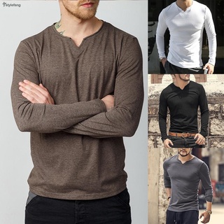 STYLEF-~Men V-Neck Stretch Slim Long Sleeve T-Shirt Solid Color Elastic Bottoming Top-【STYLEF-Fashion】