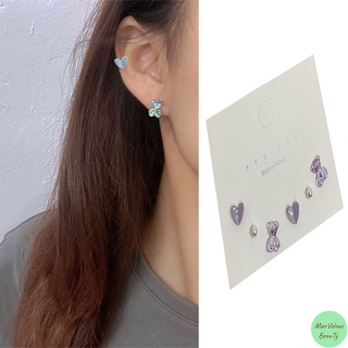 3 Pairs Ins S925 Sterling Silver Aurora Bear Ceramic Love Earrings | Pearl Color Summer Ins Girl Ear Stud