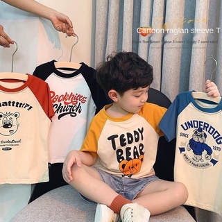 🔥BaiLe🔥Childrens clothing summer boys new short-sleeved baby letters cartoon tops childrens round neck raglan sleeves T-shirt