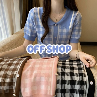 OFF SHOP พร้อมส่ง (OFF-B205)  เสื้อไหมพรมแขนสั้น คอปก ลายตารางน่ารักคิ้วสไตล์เกาหลี -C