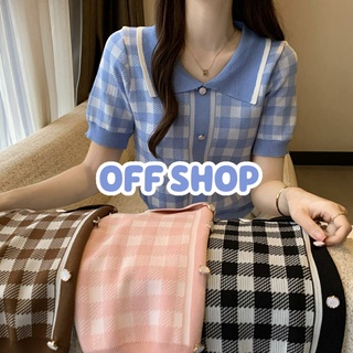 OFF SHOP พร้อมส่ง (OFF-B205)  เสื้อไหมพรมแขนสั้น คอปก ลายตารางน่ารักคิ้วสไตล์เกาหลี -C