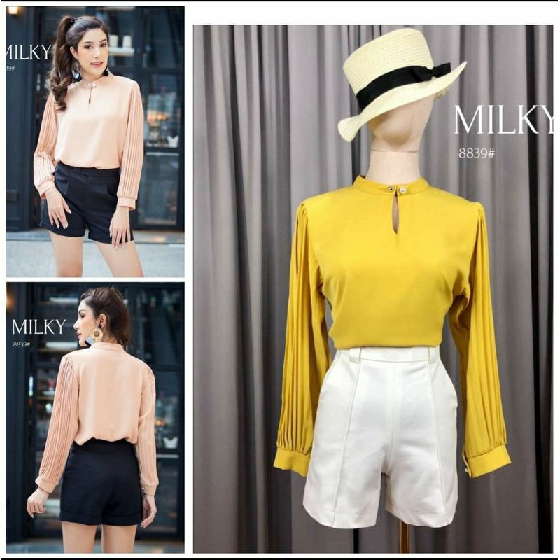 เสื้อเชิ้ตทำงาน คอจีน คอวี มุกเป็นเข็มกลัด แขนยาว แขนแต่งอัดพลีท ผ้าชีฟองเนื้อทราย นุ่ม ใส่สบาย อก38ยาว23 ป้ายmilky