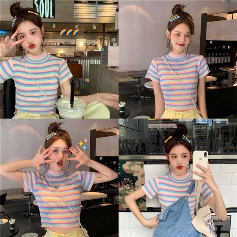 Aone(พร้อมส่ง/ใหม่)ส่งจากไทยเสื้อแขนสั้นลายทางสีรุ้งแฟชั่นสตรีรุ่น#006