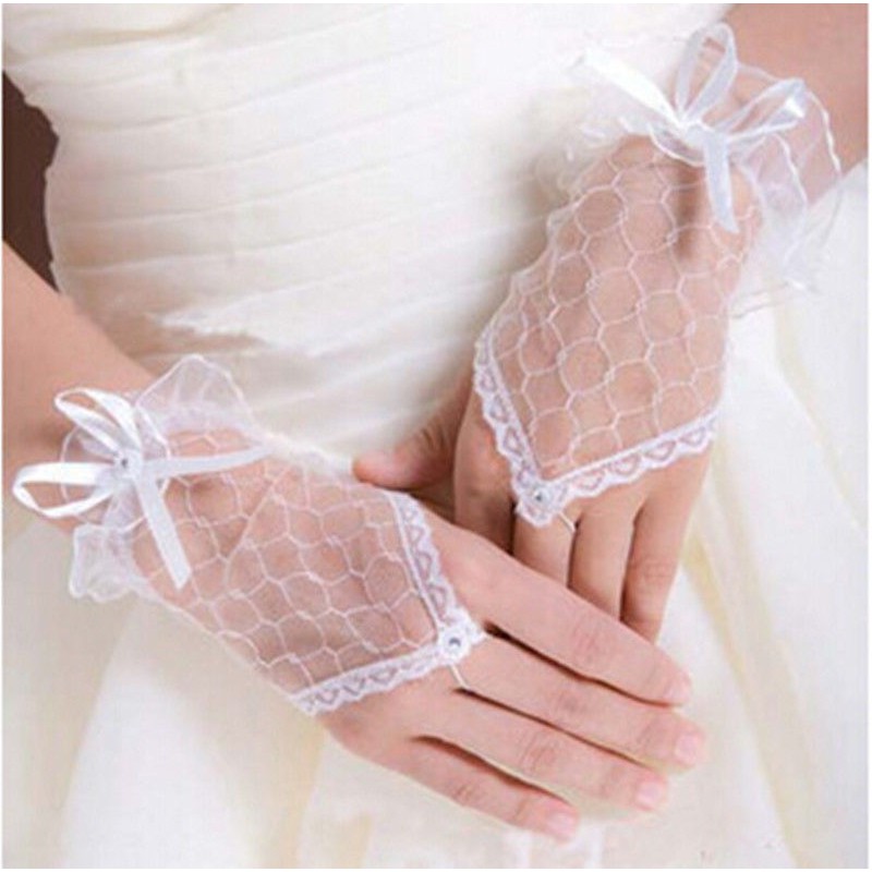 ถุงมือเปิดนิ้ว ลายลูกไม้ ผูกโบว์ ถุงมือเจ้าสาว ออกงาน ปาร์ตี้ การแสดง Bridal Fingerless Wedding Glove