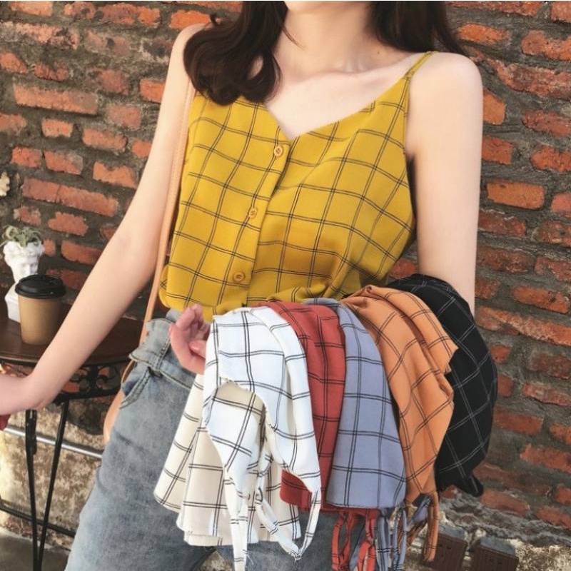 NEW-รุ่น-415 เสื้อสายเดี่ยวแฟชั่นผู้หญิง กระดุมหน้า ผ้าชีฟอง เสื้อแฟชั่นลายสก๊อตเกาหลี ผ้าเนื้อดี ใส่สบาย
