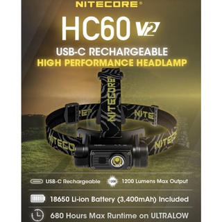 พร้อมส่ง NITECORE HC60 V2 ไฟหน้า1200 Lumens USB-C แบบชาร์จไฟได้ไฟหน้าไฟฉาย 3400MAh แบตเตอรี่