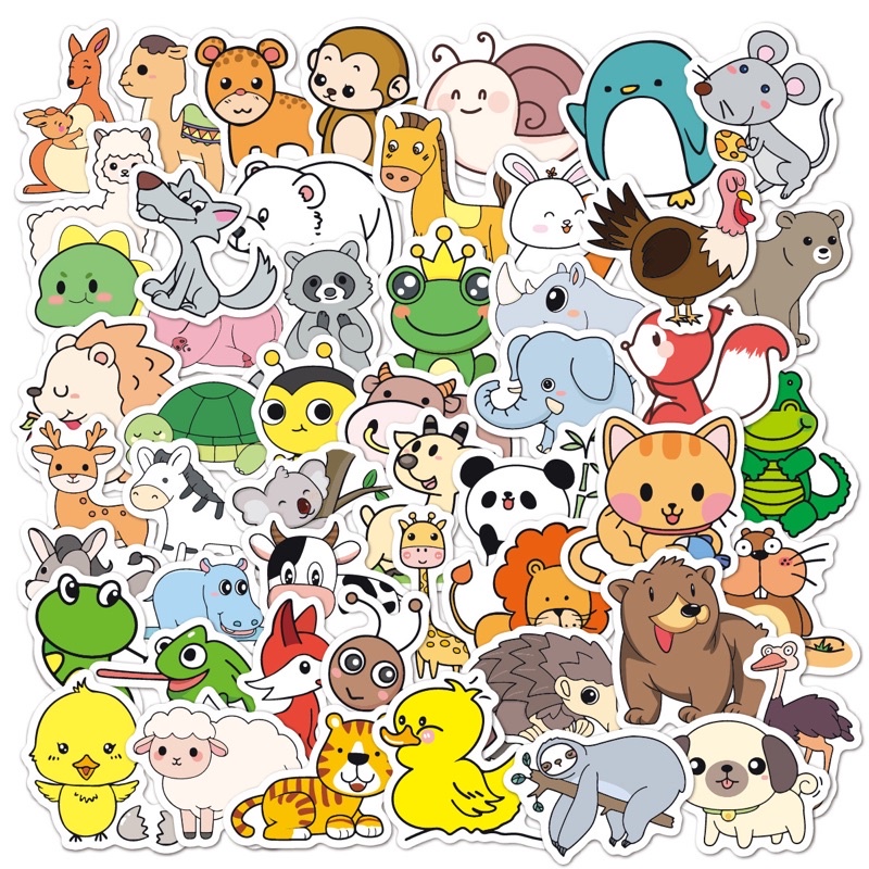 พร้อมส่ง สติ๊กเกอร์ลายสัตว์น้อย 50 ชิ้น PVC กันน้ำ สติ๊กเกอร์ไดคัท น่ารัก