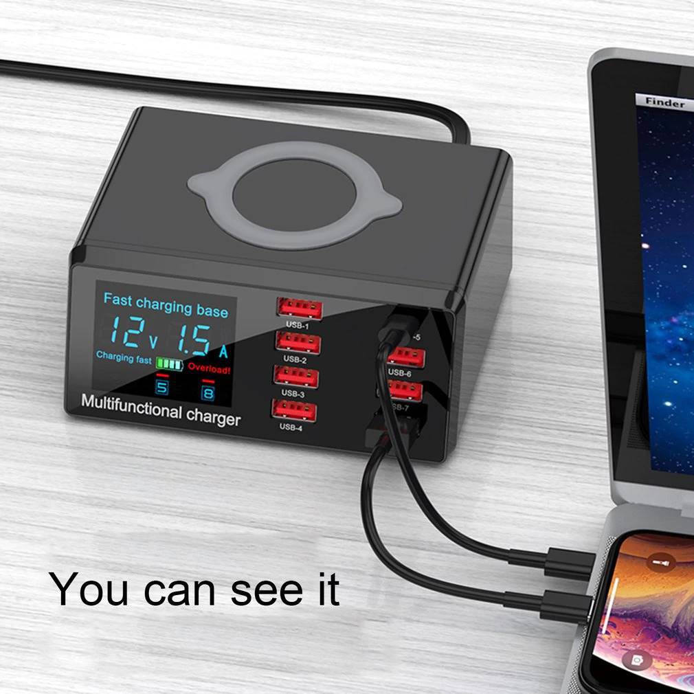สถานีชาร์จมัลติฟังก์ชัน ที่มาพร้อมพอร์ตUSB และความสามารถในการชาร์จไร้สาย 8USB 100W QC3.0 ไวเลตชาร์จ