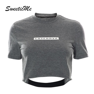 Sweeticme เสื้อยืดแขนสั้น พิมพ์ลายตัวอักษร แต่งรูกลวง สําหรับผู้หญิง 2022