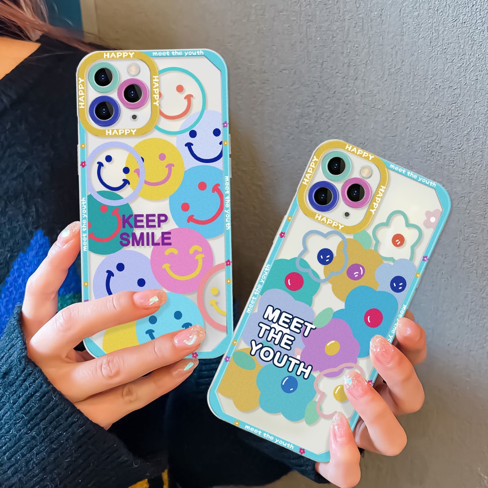 ตัวป้องกันกล้องเข้ากันได้สำหรับ Compatible for iPhone 11 12 13 15 PRO MAX 7 8 Plus XS Max สูงสุด SE เคสโทรศัพท์ยิ้มน่ารั
