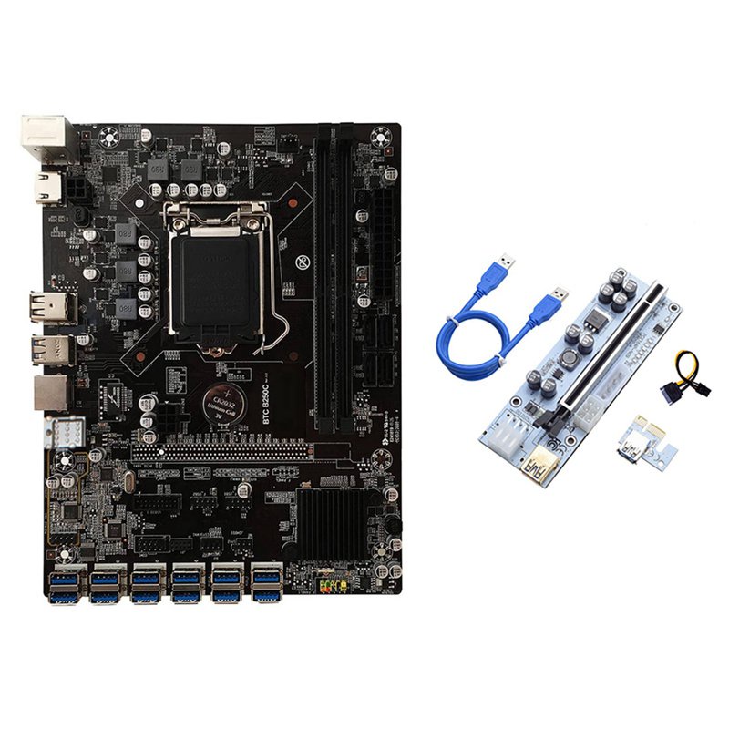 B250C BTC Miner Motherboard+VER010X Riser Card 12XPCIE to USB3.0 GPU Slot LGA1151 Support DDR4 RAM Desktop Motherboard 6