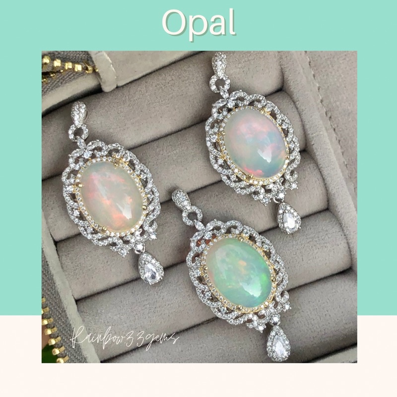 Opal pendant จี้เงิน925 ประดับพลอยโอปอลแท้ ห้อยเพชรหยดน้ำตุ้งติ้ง