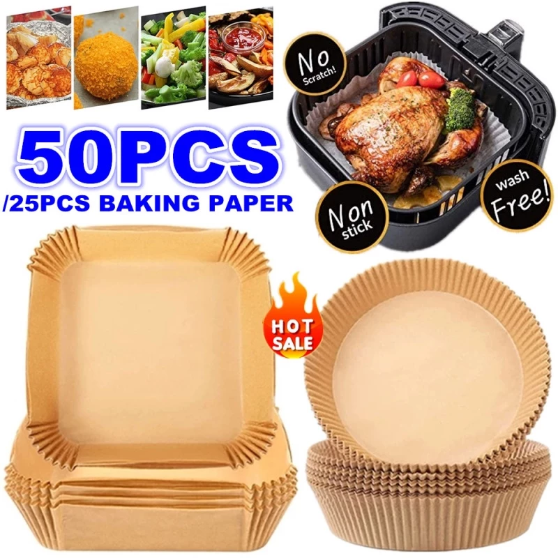 แผ่นกระดาษรองหม้อทอด 50pcs กระดาษรองอบหม้อทอดไร้น้ำมัน กระดาษรองอบ แบบใช้แล้วทิ้ง สําหรับเตาอบ แผ่นกระดาษรองหม้อทอด
