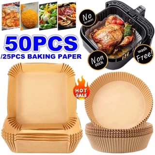 แผ่นกระดาษรองหม้อทอด 50pcs กระดาษรองอบหม้อทอดไร้น้ำมัน กระดาษรองอบ แบบใช้แล้วทิ้ง สําหรับเตาอบ แผ่นกระดาษรองหม้อทอด