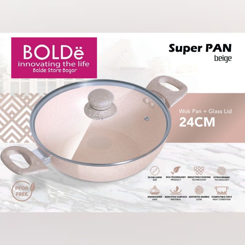 BOLDE WOK/WAJAN/KUALI 24cm BEIGE 2-EAR + GLASS LID