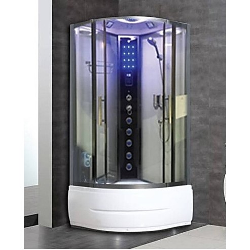 El bano ตู้อาบน้้ำระบบนวด 8 จุด และระบบอบไอน้ำ โค้งเข้ามุม กระจกใส พร้อมอุปกรณ์ วิทยุ  พัดลม ไฟLED ขนาด 100X100X215ซม