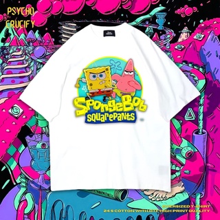 เสื้อยืด ขนาดใหญ่ พิมพ์ลาย Spongebob Squarepants Psycho Crucify | สีขาว | เสื้อเชิ้ต ลาย Spongebob Squarepants | Nickelo