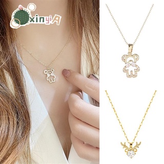 Xinyianecklace สร้อยคอโซ่ จี้รูปกวางเอลก์ ประดับเพชร และหมีน่ารัก ขนาดเล็ก