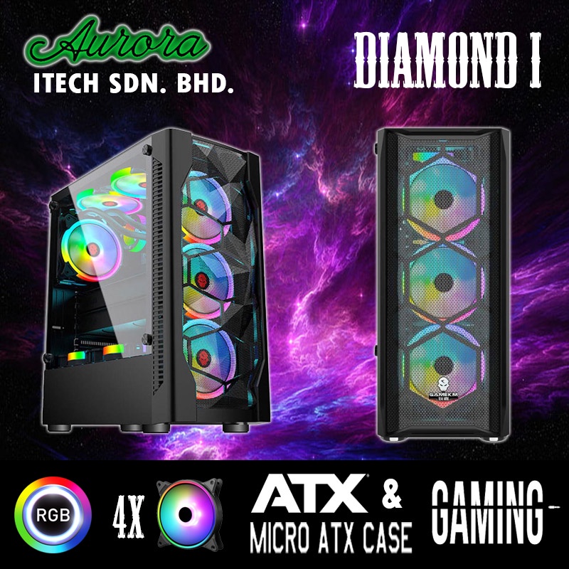 ( GAMING DIY CASING ) ATX GAMING CASING PC DIAMOND 1 พร้อม RGB / ARGB FAN , MOTHERBOARD ATX / MICRO 