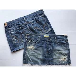 กระโปรงยีนส์ Hollister ของแท้ ยีนส์สั้นเอวต่ำ ปักหิน/ปักผ้า/ฟอกซีด