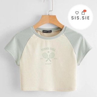 [SIS.SIE พร้อมส่ง] SHEIN เสื้อยืดทูโทน ลายเทนนิส สีครีม So Cute