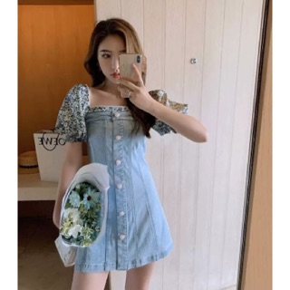 Flower denim dress เดรสยีนส์ที่สุดของความน่ารัก ผ้ายีนส์สีฟอก