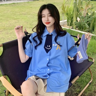 🔥Hot Sale/🌻💞เสื้อเชิ้ตแขนสั้นสีฟ้าดีไซน์วินเทจสไตล์ฝรั่งเศส