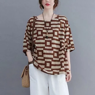 รุ่น-325เสื้อยืดแขนสั้นผ้าฝ้ายผู้หญิง ใหม่สไตล์เกาหลีหลวมขนาดใหญ่ลายสก็อตพร้อมส่ง