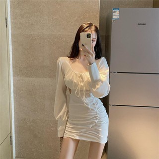 🔥Hot Sale👗 ระวังเครื่องรูดผูกคอสี่เหลี่ยมชุดฤดูใบไม้ร่วงปี 2020 ใหม่เอวบางกระเป๋าแขนยาวสะโพกกระโปรงผู้หญิง