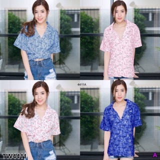 (4411) เสื้อเชิ้ตแขนสั้น ลายนกฟลามิงโก้ เชิ้ตคอปก แขนสั้น