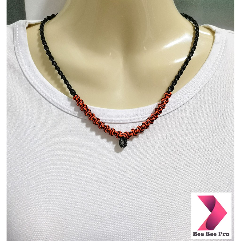 BBP124 - สร้อยคอเชือกเทียนถัก สีส้ม ดำ 18 นิ้ว 1 ห่วง สร้อยคอห้อยพระ สร้อยคอผู้ชาย